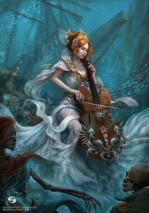 Picture of beautiful red-haired sea goddess named Anari playing music underwater